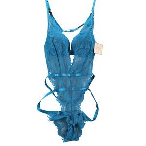 NWT IJAK Lace Teddy Bodysuit Women Large Teal Blue Strappy Underwire IJBS-0167